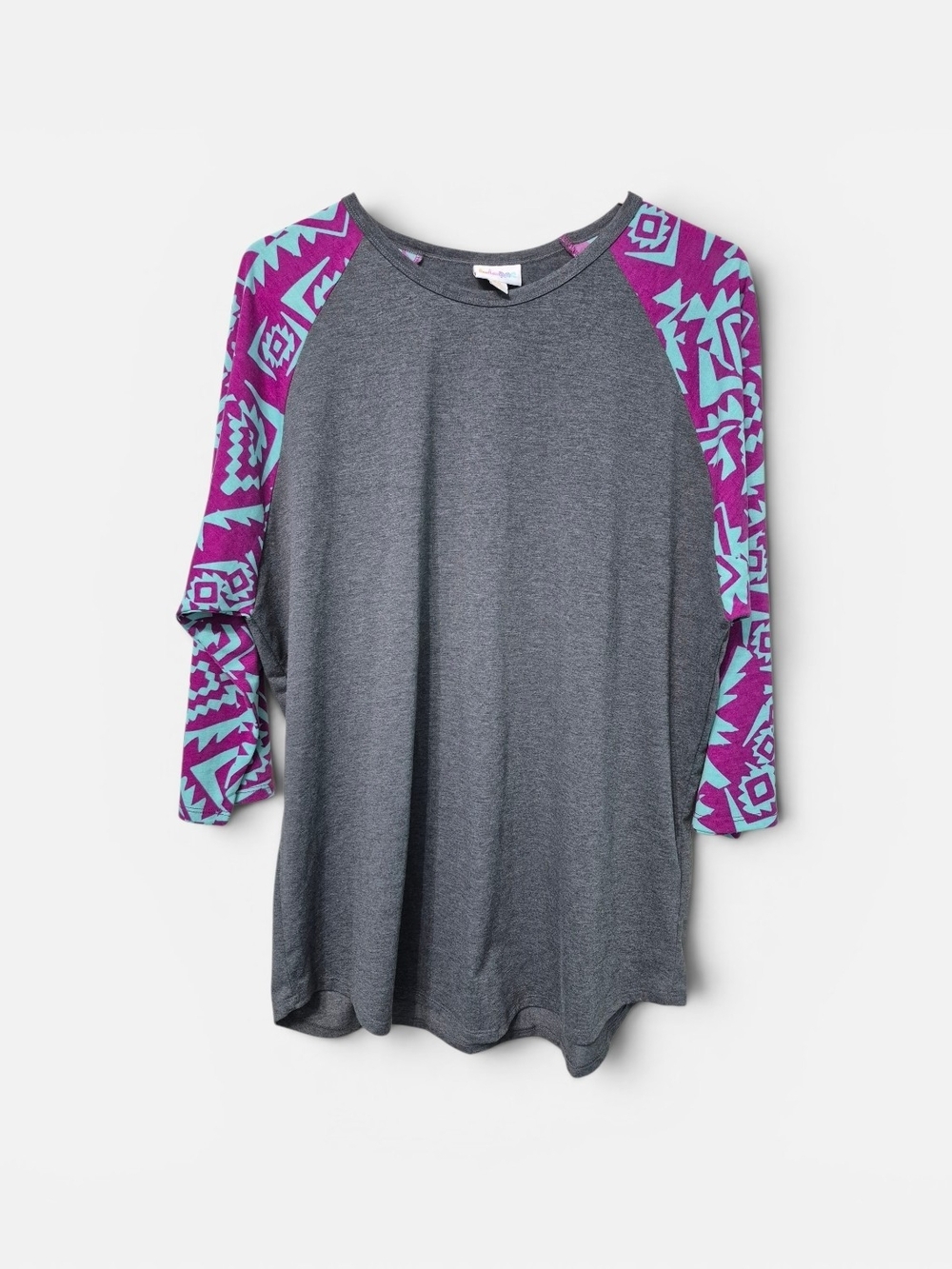 LuLaRoe Grey Raglan Top with Purple & Teal Aztec Sleeves